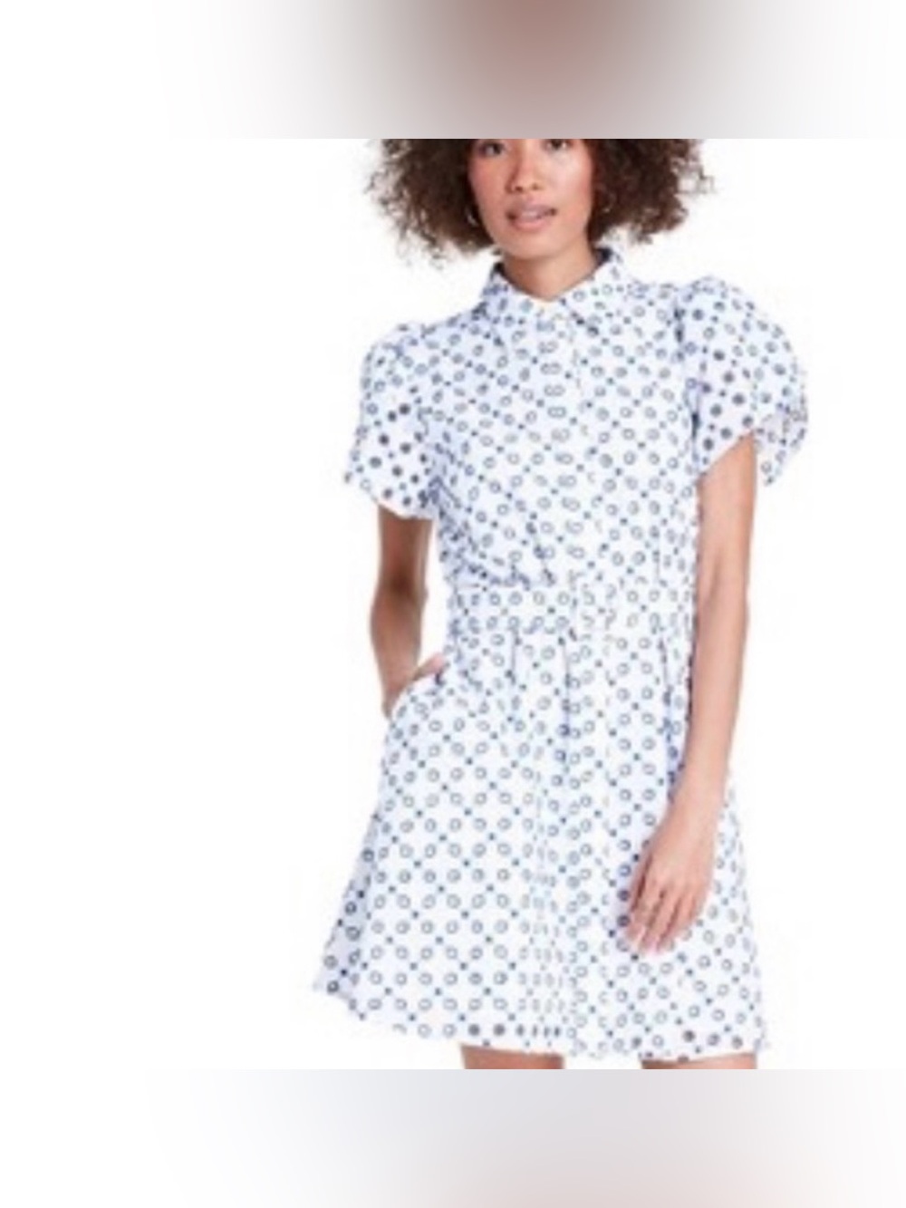 ALEXIS for Target white and blue dot eyelet belted tulip-sleeve